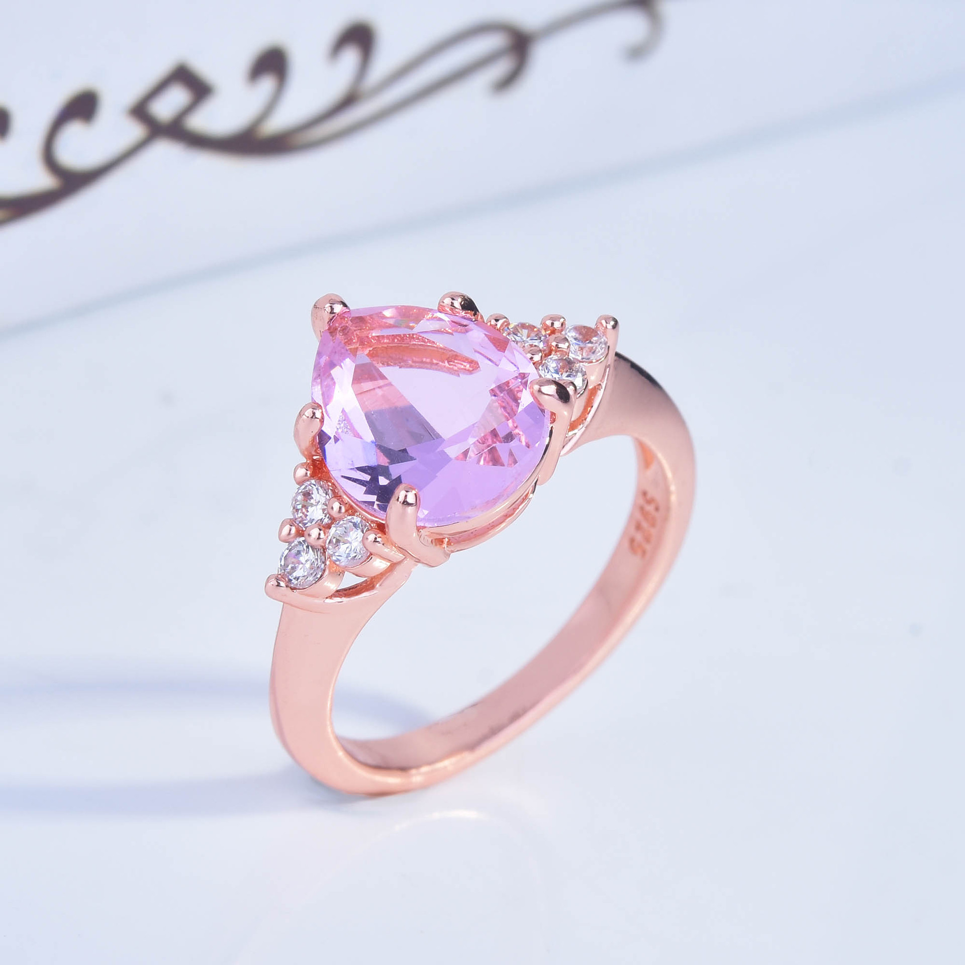 New Pink Diamond Rose Gold Drop Pear Shaped Ring European And American Simple Ring Female display picture 1