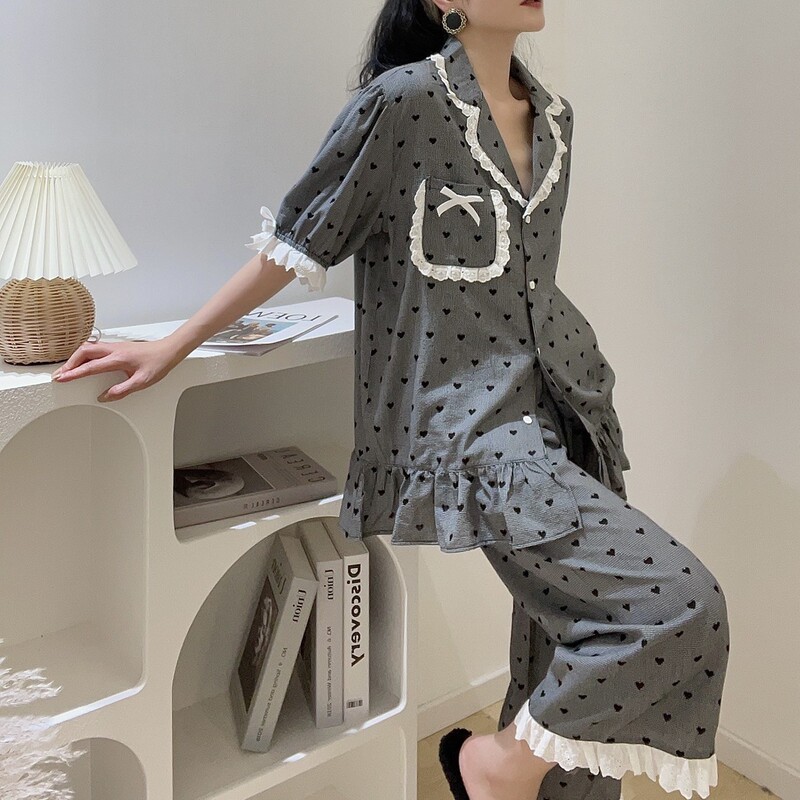 2023 Summer new dress suspender trousers fashion women's pure cotton love home wear women's pajamas factory wholesale