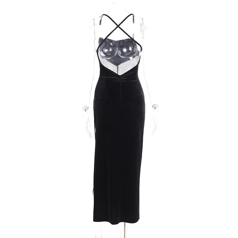 Women Autumn Summer Lace Sexy Backless Patchwork Slit Dress Women