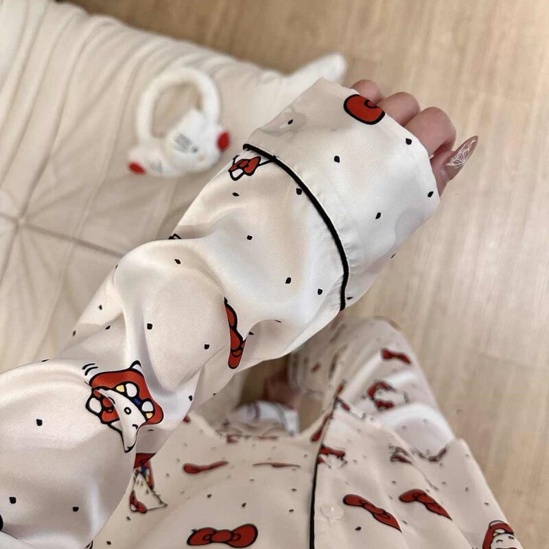 リボンキティ猫韓国語版インかわいいパジャマ女性のための春と秋の新しい長袖ズボンホーム服は屋外で着用できます|undefined