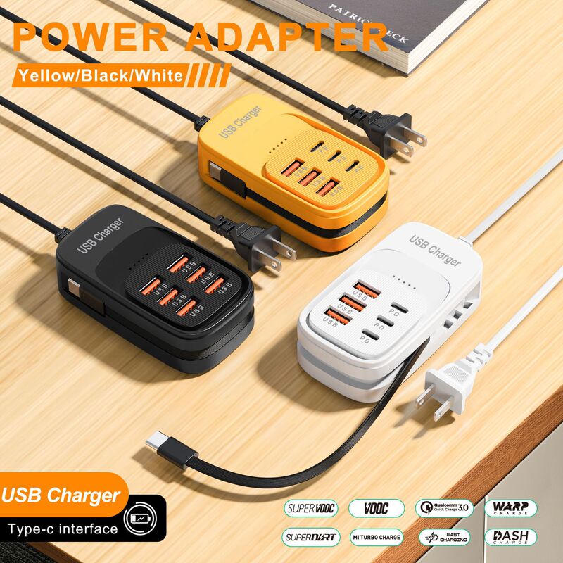 New Model Mobile Phone Multi-Port Charger with 6 USB Extension Cables, Built-In Type-C, 3 Pd, 3 USB Power Strip Charging Head
