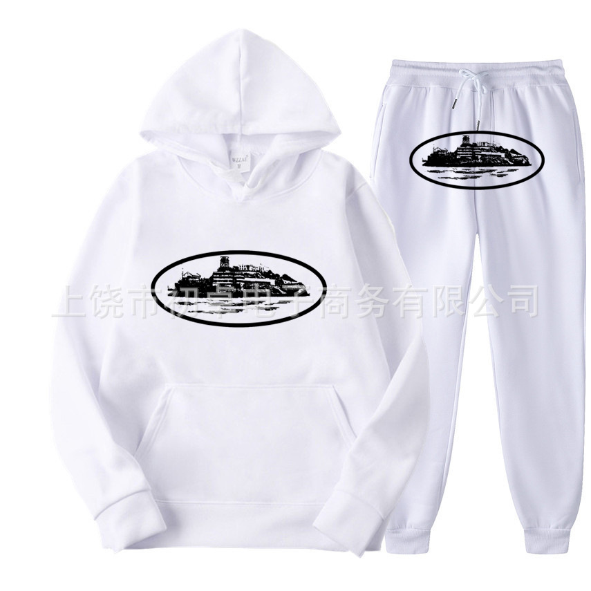 Europeo y americano clint419 diablo prisión patrón hombres y mujeres mismo suéter traje impreso con capucha conjunto de dos piezas al por mayor