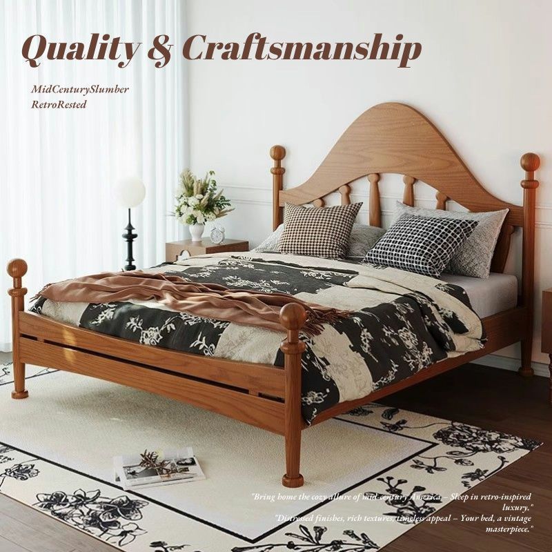 Solid Wood Bed French Antique Style Retro Floor-Standing Home Modern Ash Master Bedroom Solid Wood American Wedding Bed Double Bed
