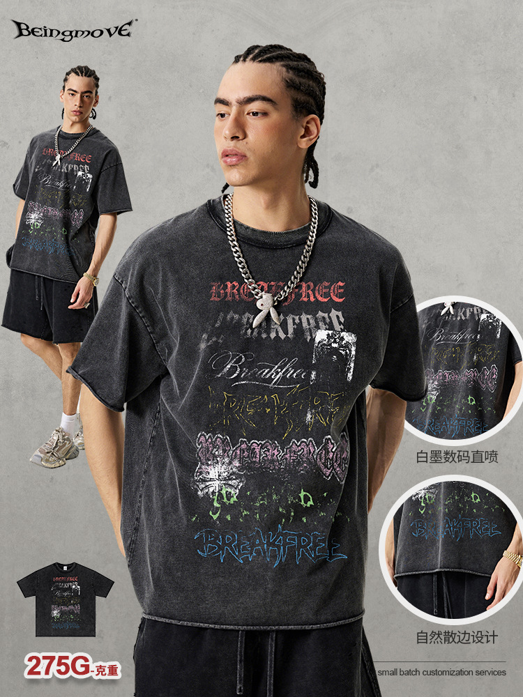 Calle secada| American High Street Retro Top T-shirt lavado con agua para hacer vieja impresión digital inyección directa de mangas cortas para hombres