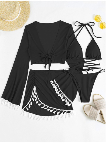  new European and American cross-border conservative swimsuit women's solid color tassel mesh blouse short skirt four-piece bikini