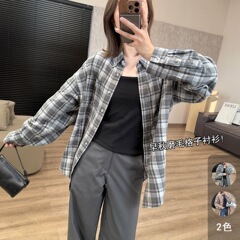 秋季氛围感磨毛格子大衬衫  做旧格纹柔软宽松休闲中长衬衫外套女