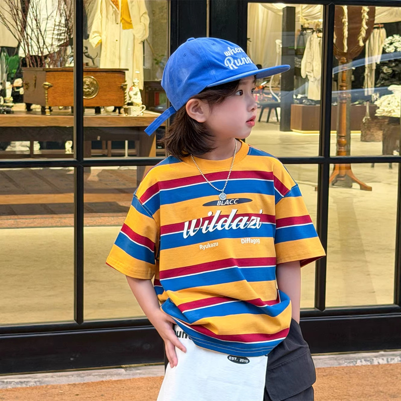 2026 Summer New Style Kidsren's Loose Striped Contrasting Color Short-Sleeved American Casual Letter-Printed T-Shirt for Boys and Girls Trendy 2026 Summer New Style Kidsren's Loose Striped Contrasting Color Short-Sleeved American Casual Letter-Printed T-Shirt for Boys and Girls Trendy