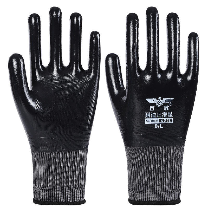Guantes de seguridad laboral de nitrilo colgantes, anti-deslizante y resistente al desgaste, reparación de automóviles resistente al aceite, guantes de seguridad laboral de nitrilo impregnados al por mayor
