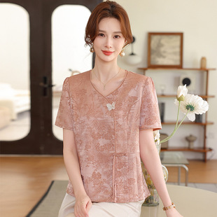2025 New Summer Mother's Wear Printed New Chinese Style T-Shirt Tops Comfortable and Breathable Silk Satin Short-Sleeved Middle-Aged and Elderly Women's Clothing