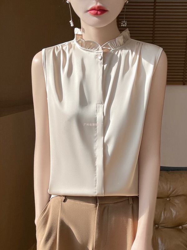 Summer Acetate Silk Half-High Collar Lace Vest for Women, High-End Loose-Fitting Sleeveless Inner Wear with Ruffled Collar Shirt Summer Acetate Silk Half-High Collar Lace Vest for Women, High-End Loose-Fitting Sleeveless Inner Wear with Ruffled Collar Shirt