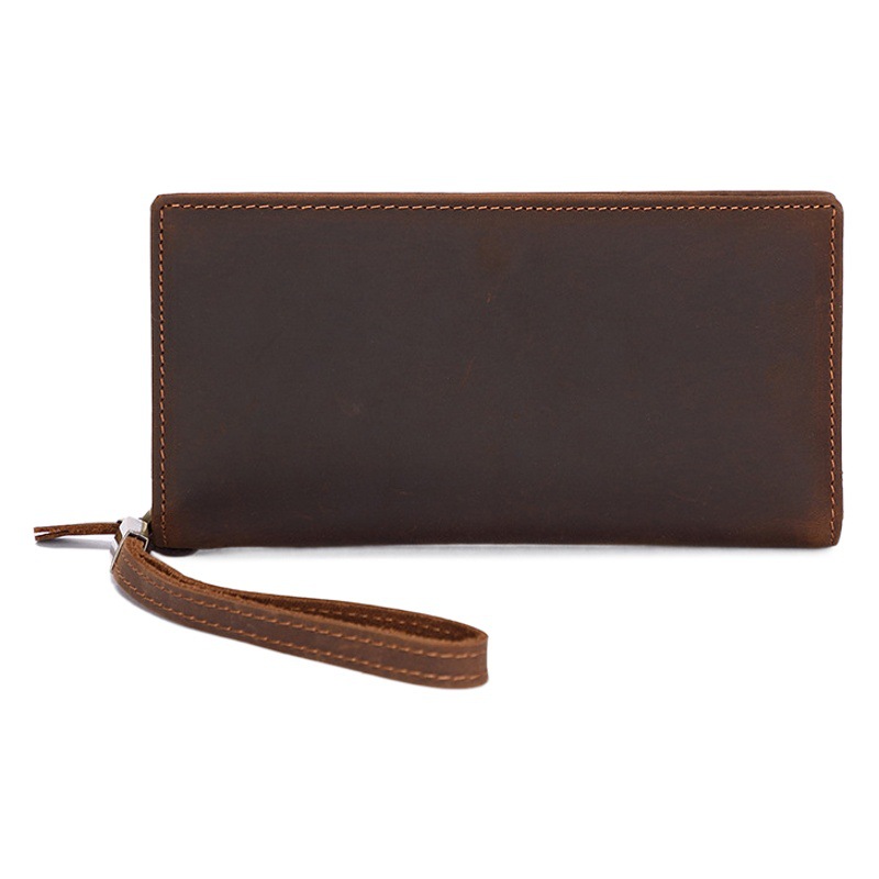 Crazy Horse Leather Long Wallet Men's Genuine Leather Men's Clutch Cowhide Zipper Bag Large Capacity Multi-Card Slot Wallet