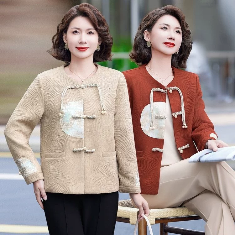 Пуховой женский жакет-свитер Mother Jacket Cardigan в китайском стиле, круглый воротник, оранжево-красный или абрикосовый, размеры XL-5XL