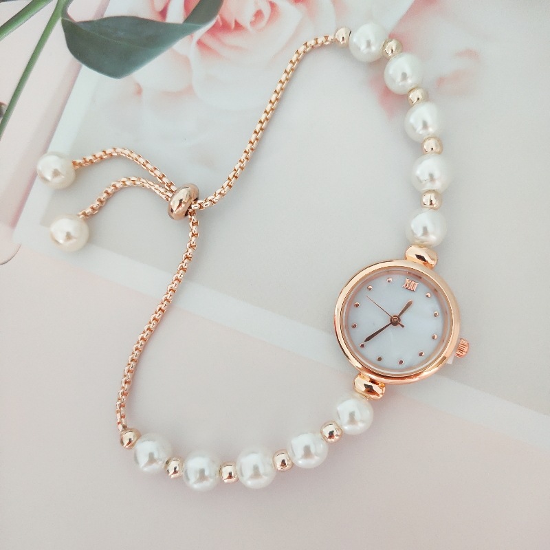2025 New Pearl Bracelet Fashion Diamond-Encrusted Women's Quartz Watch Round Mother-Of-Pearl Dial Slim Pull-Out Watch Wristwatch