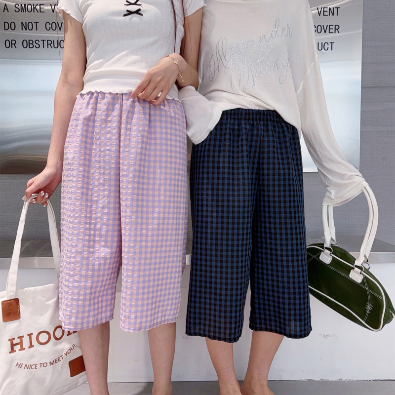 Summer Thin Plaid Cropped Pants for Women, Casual Pants, Plus Size Loose Fit, Slimming Mid-Length Sleepwear Home Pants