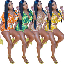 Y1827  现货 欧美跨境女装  2022夏季弹力色丁印花衬衫短款两件套