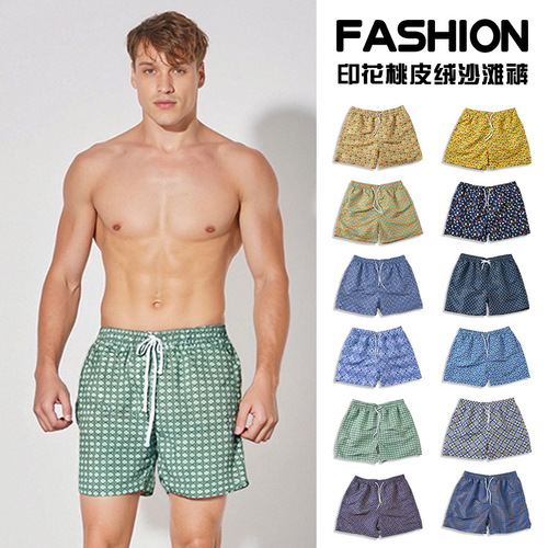 Men's T-shirt Linen Embroidered Quarter Pants European Size Beach Vacation Swim Trunks Quick-drying Lining Beach Vacation Pants