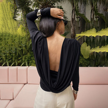 速卖通秋季新款欧美女装时尚纯色性感上衣长袖收腰露背褶皱T恤