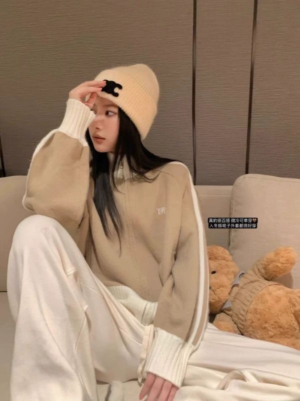 [シープカシミア]アメリカンコントラストカラー長袖スタンドカラーセータージャケットレディースルーズ野球ユニフォームカーディガンジッパートップ