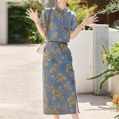 时尚套装女复古印花盘扣改良旗袍套装2025新中式国风套装裙两件套