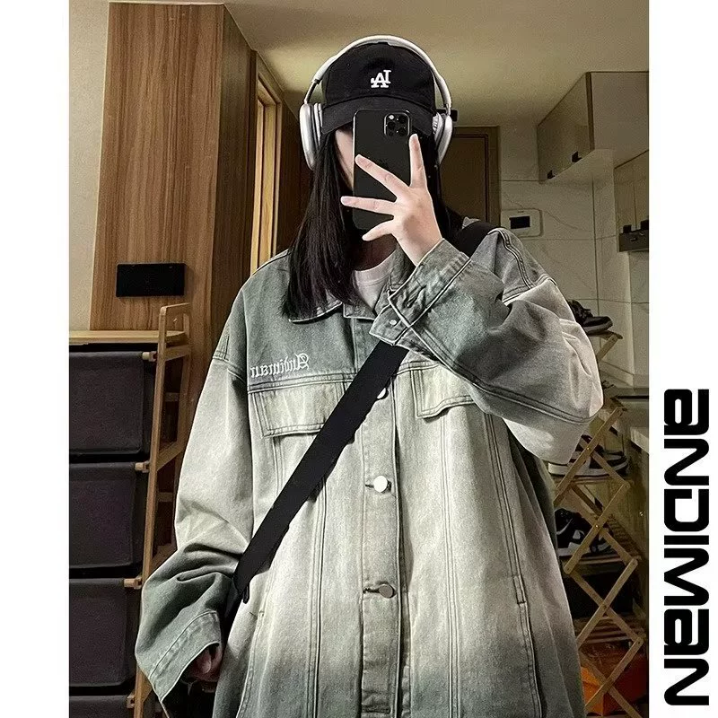 Женский? Wait input says Spring denim men's retro jacket for students, 2023, gradient, loose fit, for teenagers
