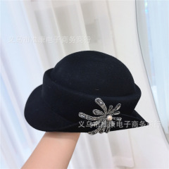 轻奢水钻花朵渔夫帽子女法式优雅复古名媛千金风画家帽百搭羊毛帽