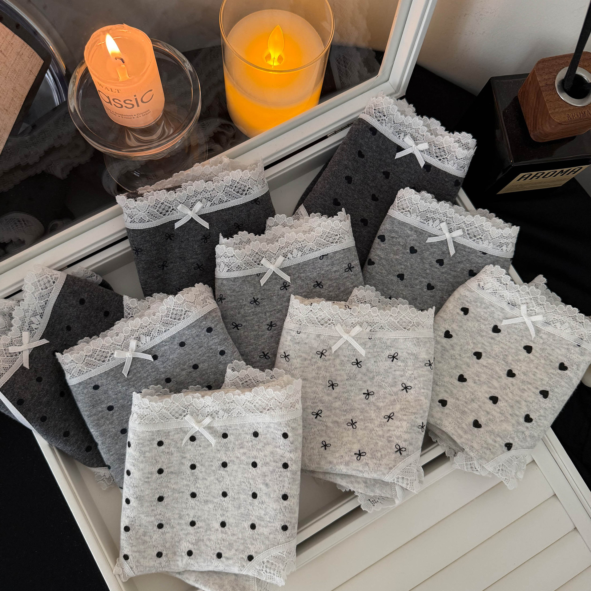 Treasure Underwear Collection 8817 Series Korean Style Fashion Printed Wave Dot Grey Exquisite Girl's Cotton Mid-Waist Underwear