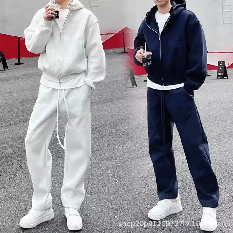 跨境秋冬加绒休闲运动套装男美式宽松连帽外套卫衣卫裤两件套外贸