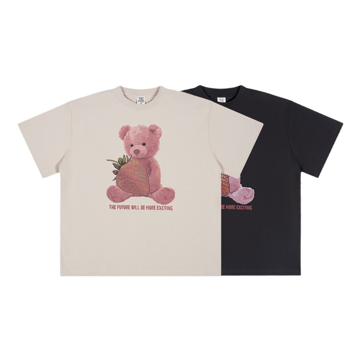2025 verano estilo de moda estadounidense 230G tela impresión oso de fresa camiseta de manga corta camiseta de moda suelta chaqueta fría para hombre