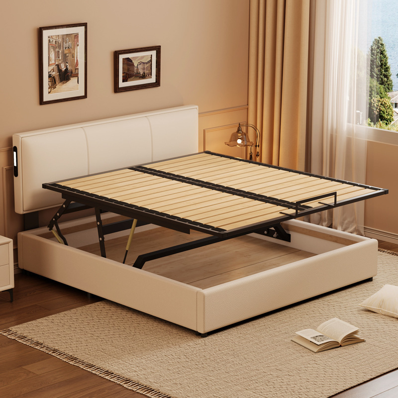 Modern Simple Air Pressure Leather Bed Adjustable Bedside Sliding Lift High Box Storage Bed Small Apartment Storage Box Bed Modern Simple Air Pressure Leather Bed Adjustable Bedside Sliding Lift High Box Storage Bed Small Apartment Storage Box Bed