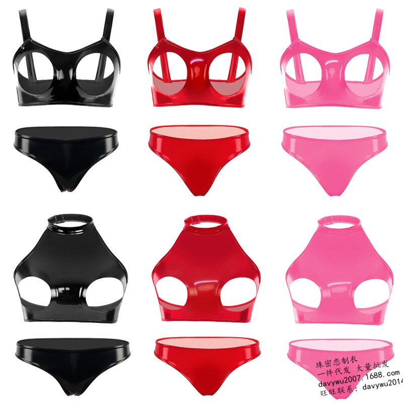 Cross-Border Glossy Patent Leather Pu Latex Sexy Bra Exposed Bra Set Low-Waist Sexy Narrow Crotch Briefs