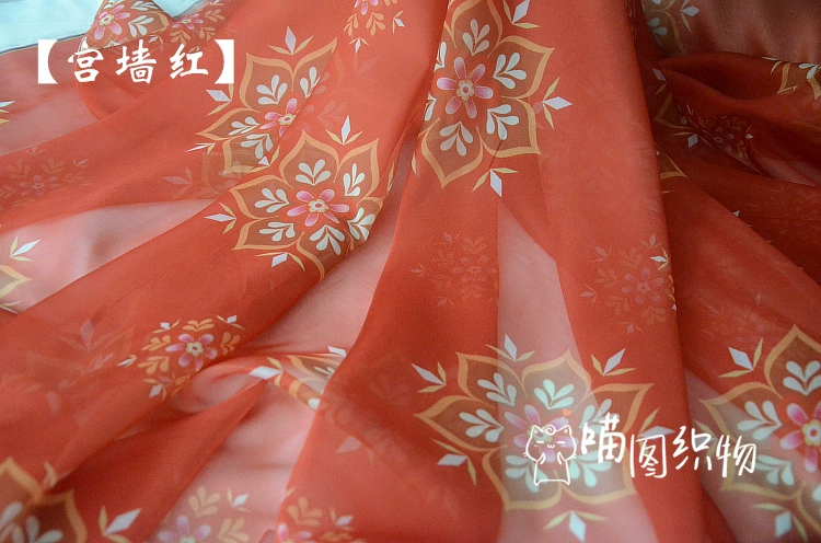 Оригинальная печать Дуньхуана Silk Chiffon Tangfeng Tuan Flower Bailuyhan ткань для одежды, меховая ткань