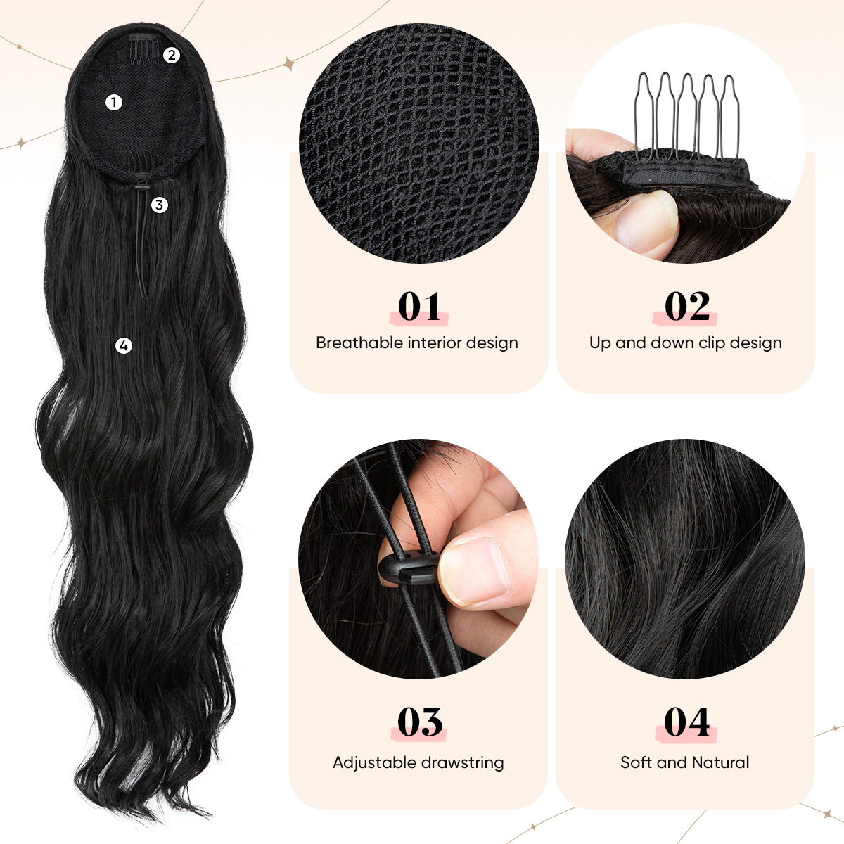 Synthetic hair for women with long curly hair drawstring style synthetic fiber high ponytails and large wave fake braids_voghion.com