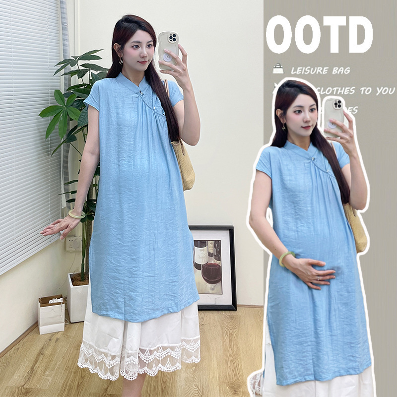 Maternity 2024 Summer New Fashion Stacked Wear New Chinese Style Temperament Improved Cheongsam dress Belly-supporting Skirt