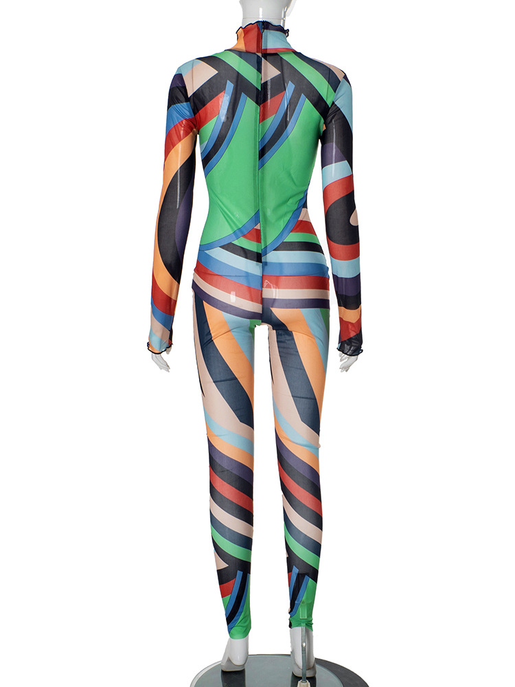 Fall Sexy Mesh Floral Print Jumpsuit for Women