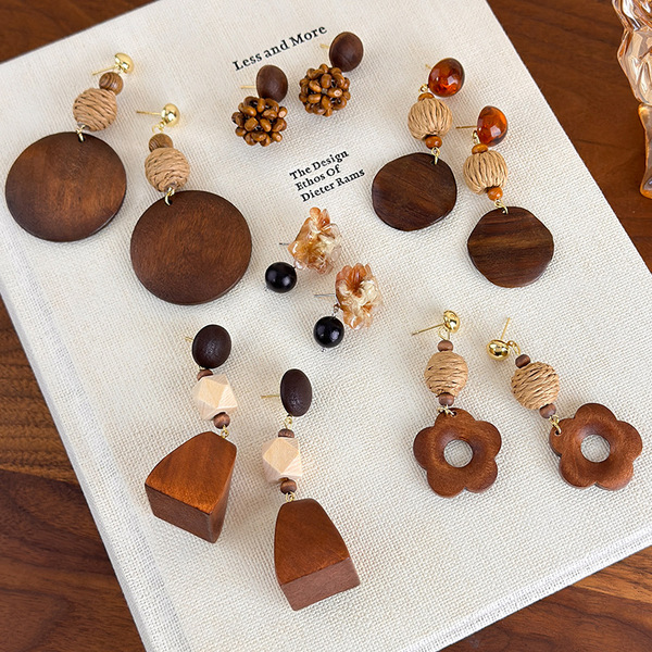 Retro wooden woven geometric demi-season ethnic earrings