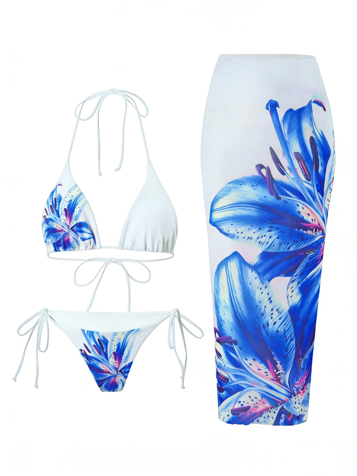 Women's Lily Print Three Piece Bikini Set With Wrap Skirt_voghion.com