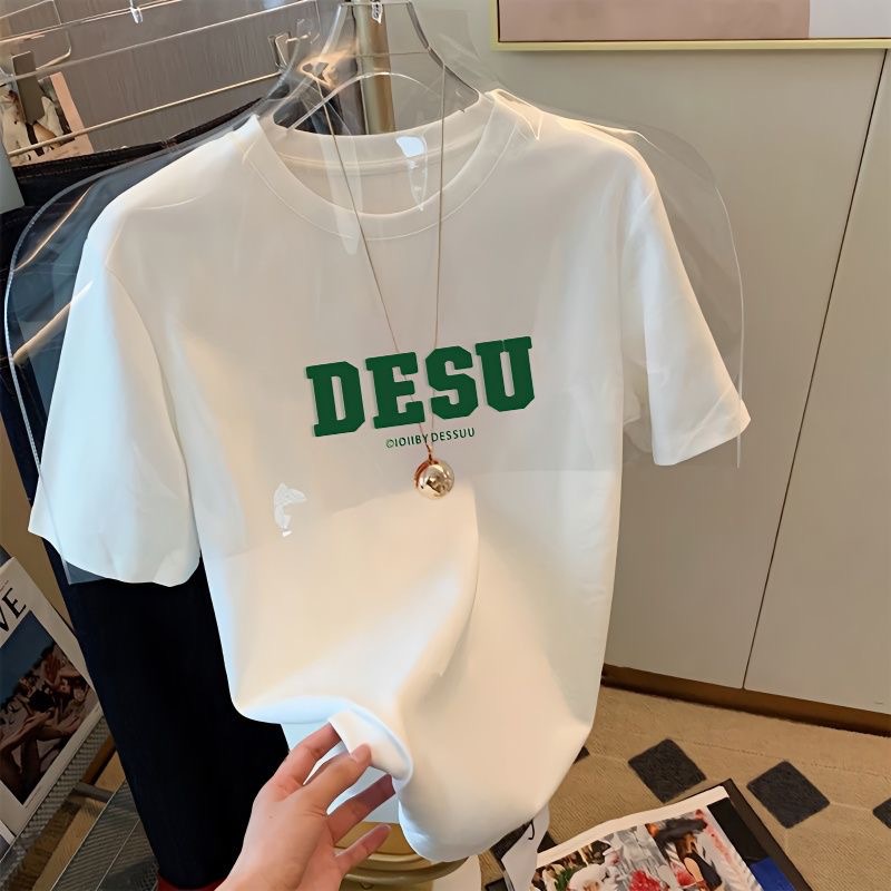 La moda fresca de seda del hielo Camiseta cuello redondo Camiseta de moda ropa superior carta impresión versátil casual corto hombres y mujeres mismo estilo image 13