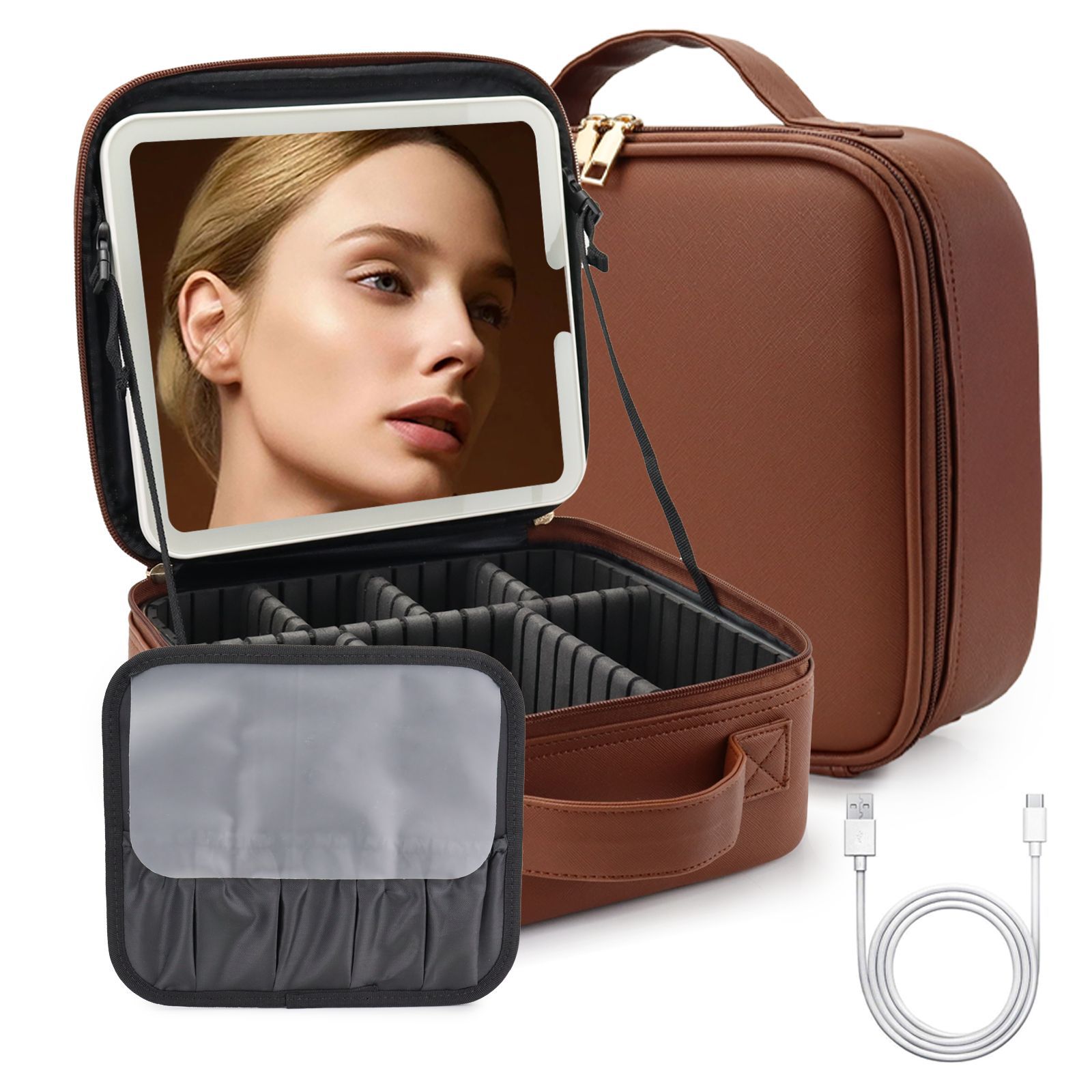 Bolsa de cosméticos de viaje LED premium con espejo para mujer caja de pinceles de maquillaje portátil de gran capacidad bolsa de belleza de partición portátil