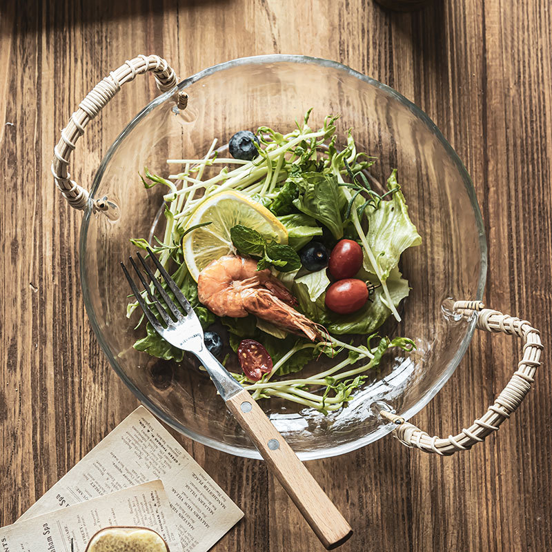 Plato de vidrio tejido de caña artesanal sala de estar casera bandeja de frutas estilo japonés retro plato de ensalada de bocadillos plato de frutas creativo