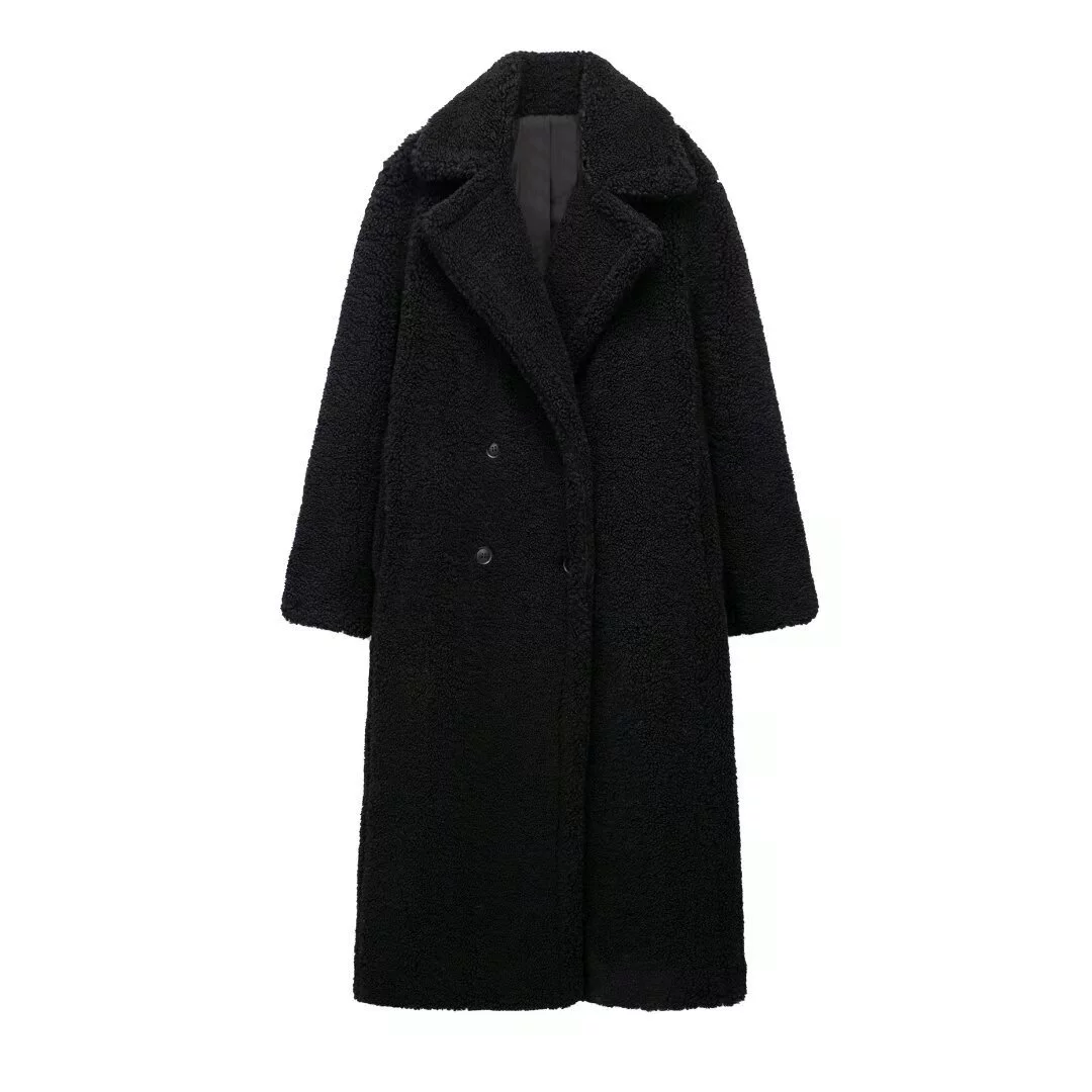TRAFZA Keep-Warm Long Velvet Coat, Imported European Style, Black/Khaki/Apricot, Sizes XS-L