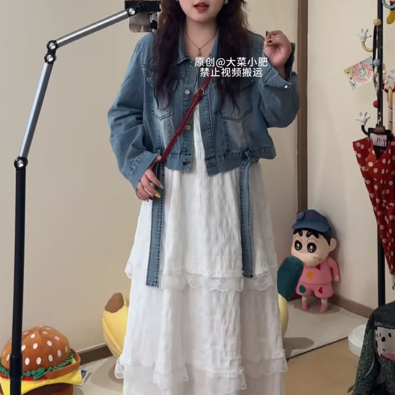 Plus-Size Denim Jacket Paired with a Long Skirt, Loose-Fitting Dress for Petite Figures, Slimming Korean-Style Tiered Skirt Fashion Set Plus-Size Denim Jacket Paired with a Long Skirt, Loose-Fitting Dress for Petite Figures, Slimming Korean-Style Tiered Skirt Fashion Set
