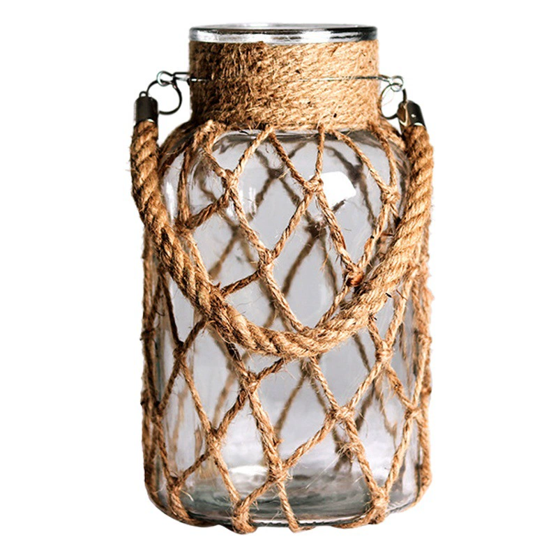 Стеклянная прозрачная ваза ручной работы из пеньковой веревки оптом американские декоративные украшения Цветочная креативная гидропонная винтажная ваза