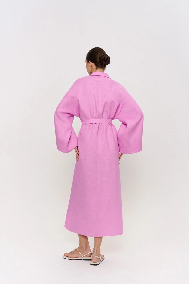 Đầm dài nữ chất liệu cotton lanh, cổ chữ V ve áo, tay dài, dáng rộng thắt dây — Xanh trái cây, Đỏ tươi chi tiết 63