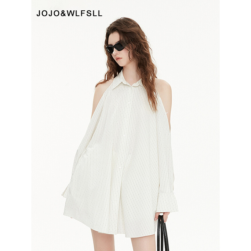 In-Stock Gourcuff Women's Clothing 2026 Spring Lapel Striped Rhinestone Off-Shoulder Bell Sleeve Shirt Women's Dress
