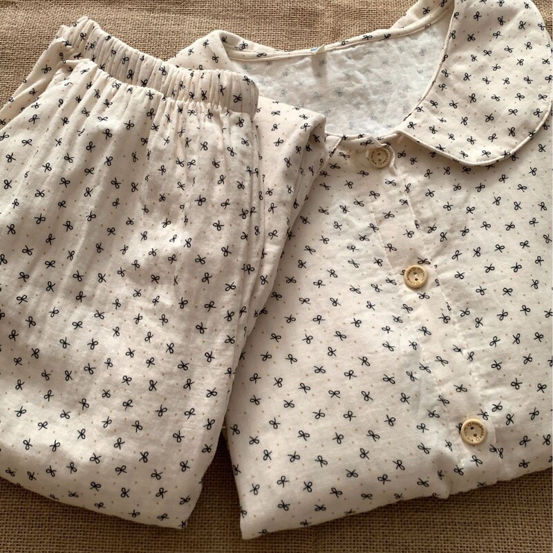 Spring 2025 New Type A Cotton Double-layer Yarn Poll Dot Bow Doll Collar Long Sleeve Trousers Pajamas suit Spring 2025 New Type A Cotton Double-layer Yarn Poll Dot Bow Doll Collar Long Sleeve Trousers Pajamas suit