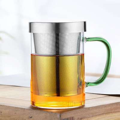 Taza de té de tres piezas Filtro de revestimiento de acero inoxidable con mango intuición Taza hogar vidrio de borosilicato taza de té perfumado