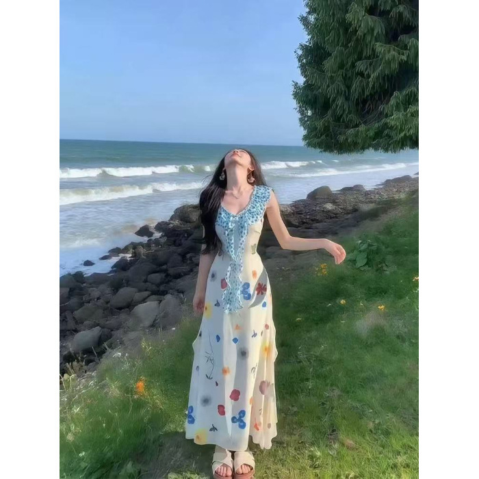 夏季度假风时尚休闲绝美修身长裙法式多巴胺碎花飞飞袖连衣裙子女|undefined