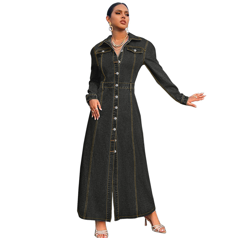 708g Weight Maxi Long Dress Dress Length Type Long Sleeve Sleeve Length Denim Dress Dresses Type Cotton (more than 30%), Denim Fabric Type High Waist Waist Line Holiday, Street Occasion Turndown Neckline Slim Fit Type Solid Color Pattern Spring, Autumn Season Women's Gender Streetwear Style Wholesale Women's Streetwear Solid Color Holiday Street Turndown Long Sleeve Denim Dress 20
