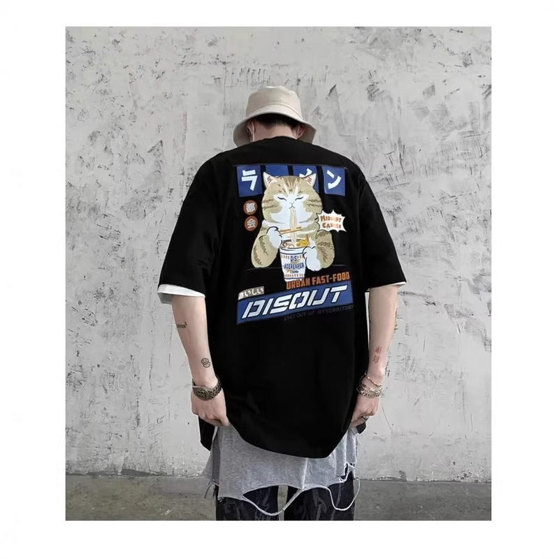 2026 Dark Harajuku Style Loose-Fitting Couple's Gothic Style Cartoon Cat Print Cotton T-Shirt Short-Sleeved Top for Male and Female Students 2026 Dark Harajuku Style Loose-Fitting Couple's Gothic Style Cartoon Cat Print Cotton T-Shirt Short-Sleeved Top for Male and Female Students