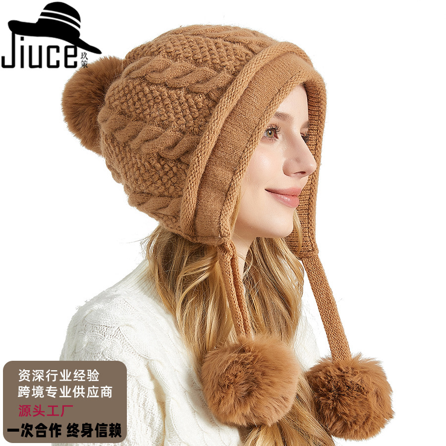 跨境欧美女士冬季加厚护耳三毛球兔毛针织帽子户外骑行护脸保暖帽
